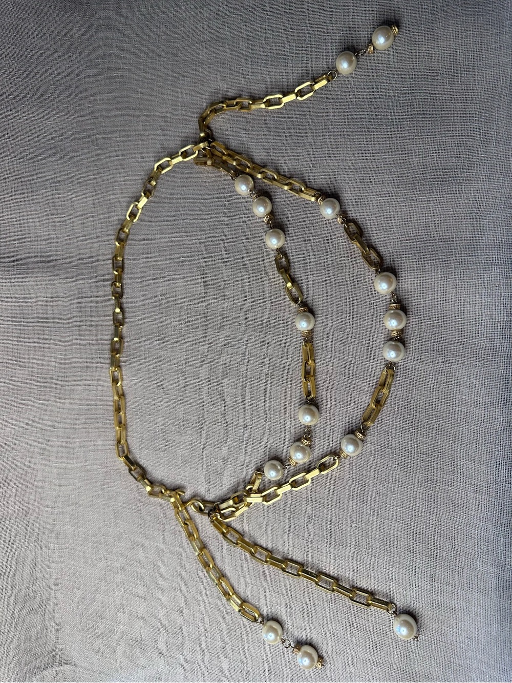 Vintage 80s Gold Chain Belt Faux Pearl Swag Link Boho Adjustable Necklace - Picture 3 of 10